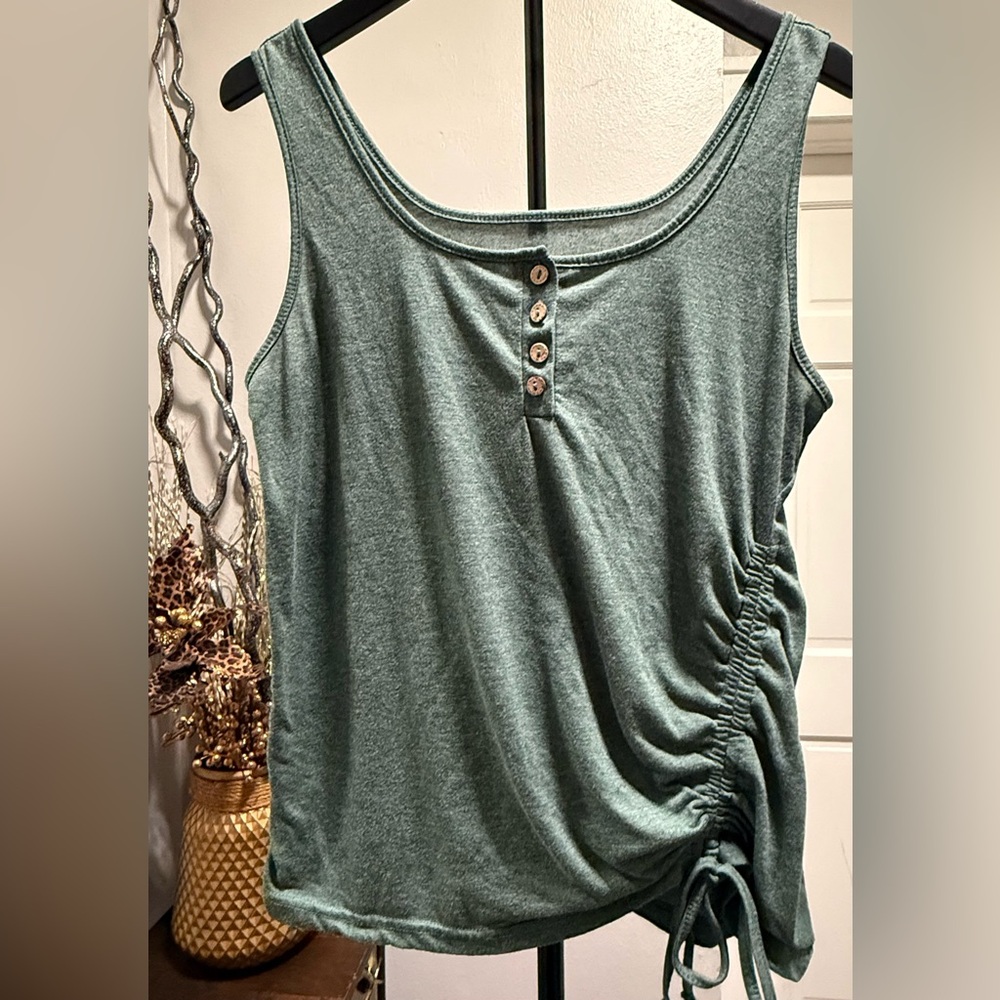 Henley Style Tank Top Sage Green with Ruched Side Tie Women's Size L